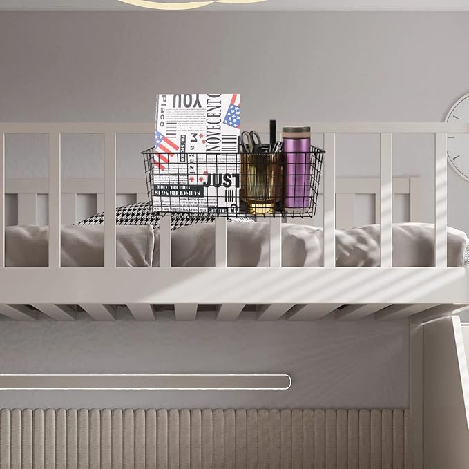 Bedside Hanging Wire Basket for Storage Bedside Caddy Hanging Organizer Bunk Bed Bedside Shelf Holder Pocket for College Dorm Room Baby Bed Rails (White/Large)