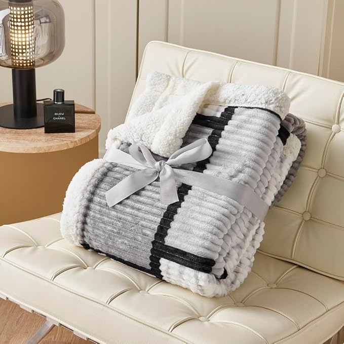 Sherpa Fleece Throw Blanket for Couch, Fluffy Plush Warm Fuzzy Blanket for Women and Men, Cozy Thick Soft Twin Blanket for Bed, Grey, 60x80 Inches