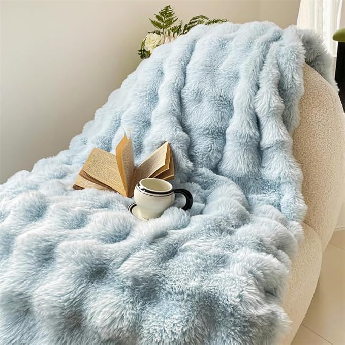 H&D Faux Fur Throw Blanket for Couch,Fluffy Cozy Soft Plush Luxury Thick Fuzzy Fleece Blanket for Couch Bed Sofa Bedroom Living Room,Comfy Bubble Blanket(Light Blue, Queen (80"x90"))