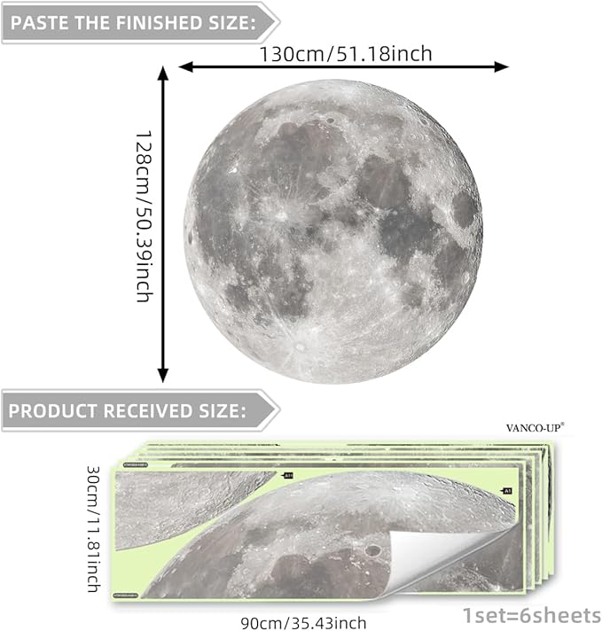 Huge Glow in The Dark Moon Wall Stickers 6 Sheets Night Luminous Full Moon Decals Peel and Stick Wall Decor for Kids Room Bedroom Living Room(51.18 inches × 50.39 inches) (Green)