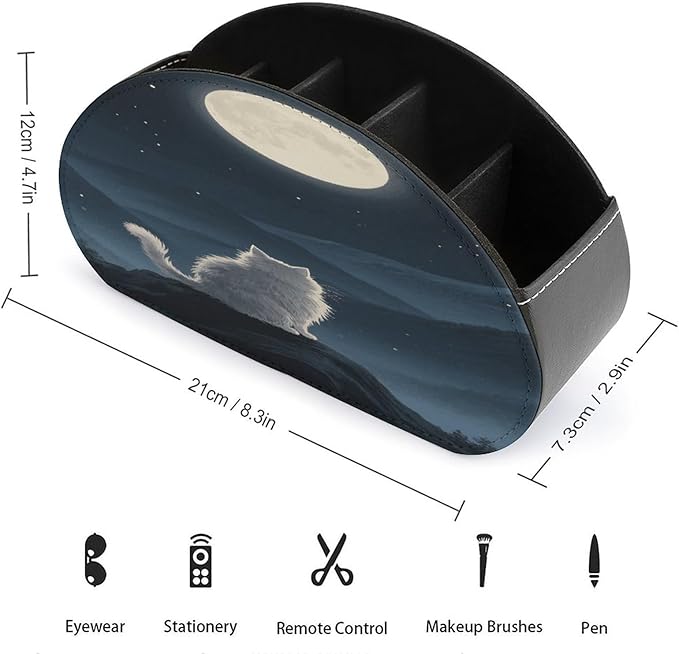 Lonely Cat Moon Remote Control Holder Organizer Box with 5 Compartment PU Leather Bedside Storage Caddy Remote Organizer for Controller Media Player Pen/Pencil Storage