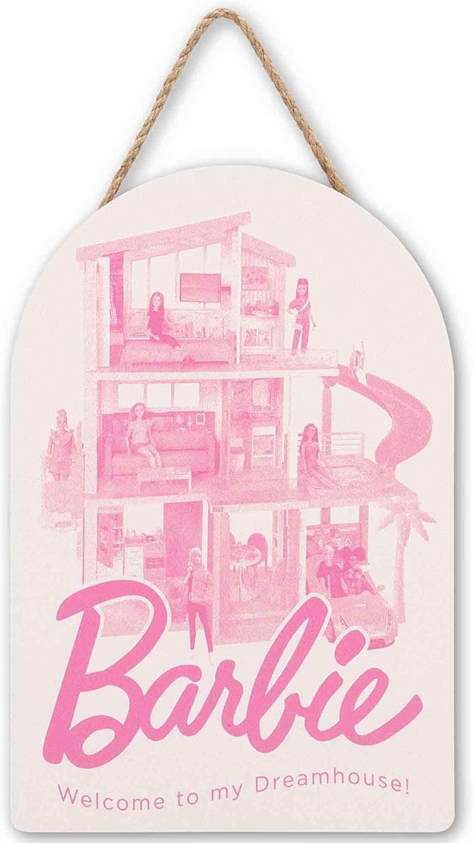 Mattel Barbie Dreamhouse Hanging Wood Wall Decor - Pink Barbie Sign for Kids' Bedroom or Play Room