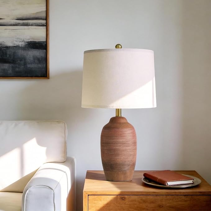 24.5" Reddish-Brown Handcrafted Ceramic Table Lamp with 5FT Cord,Single Farmhouse Vintage Rustic Lamp with Linen Drum Shade, Earth Tone Bedside Lamp for Bedroom Living Room Entryway,Bulb Not Included