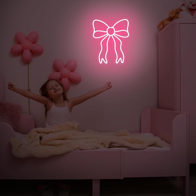 Retisee Pink Bow LED Neon Sign Bedroom Women Room Neon Light Sign Coquette Aesthetic Home Wall Preppy Dorm Beauty Room Salon Decor Party Bar Decoration Gift for Her 11.8x11.8in