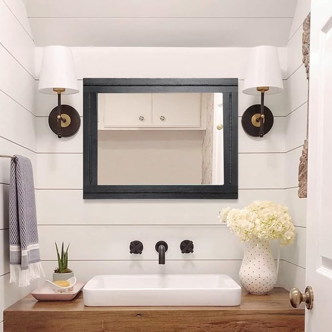 AAZZKANG Wood Framed Mirror Rectangular Mirrors for Wall Black Large 20"x16" Decorative for Bedroom Living Room Bathroom Home Entyway Hanging
