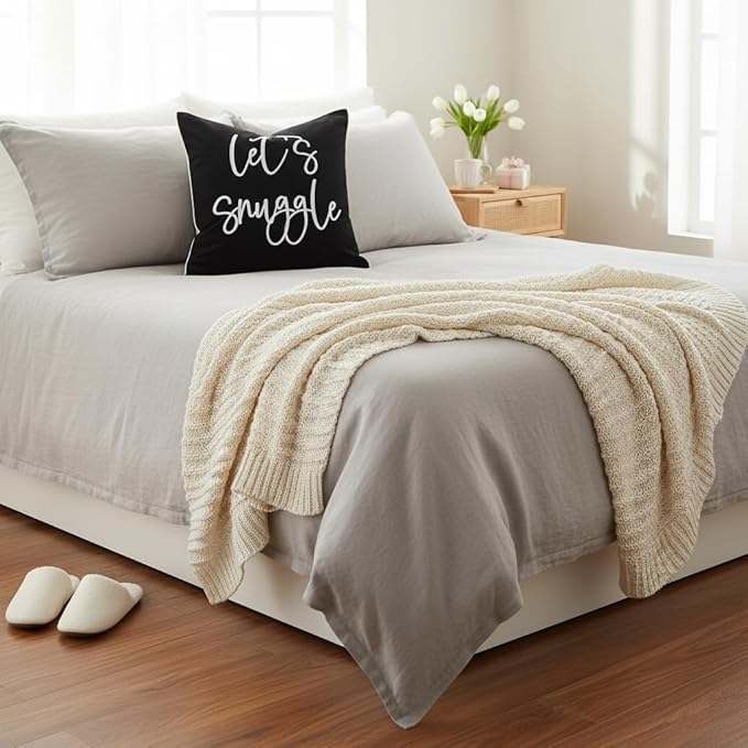 Sunkifover Let's Snuggle Decorative Throw Pillow Cover - 18" x 18" Black and White Cotton Embroidery Suqare Throw Pillowcase for Bed, Bedroom, Living Room, Home Decor