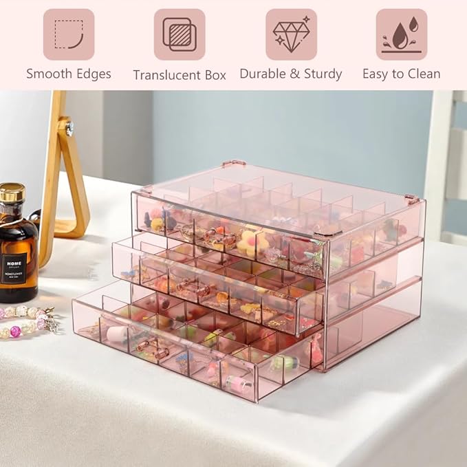 Jewelry Organizer, Earring Holder Organizer Box with 3 Layers, 72 Grids Earring Case, Jewelry Box for Girls, Craft Storage Containers for Nail Charms, Ring, Earrings(Tan)
