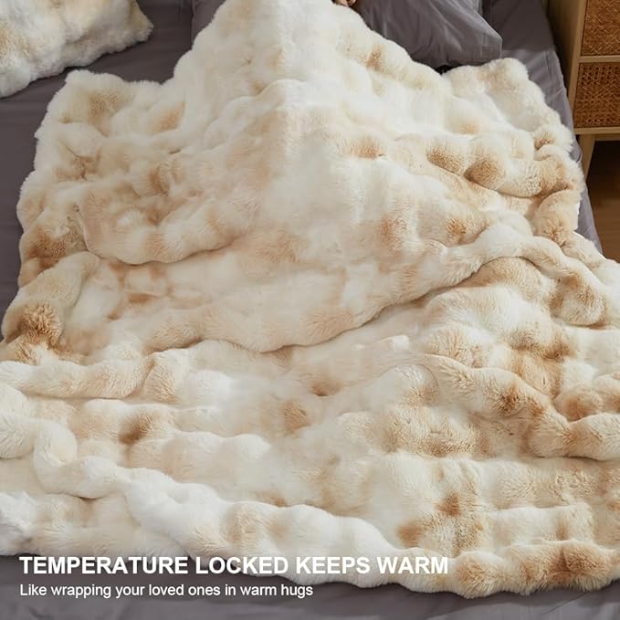 Soft Faux Rabbit Fur Throw Blanket Luxury Super Comfy Double Sided Ultra Cozy Thick Warm Fluffy Blanket for Couch Chair Sofa Bed Living Room Camping, Plush Fuzzy Bubble Blanket, 970 GSM, 50''x60''