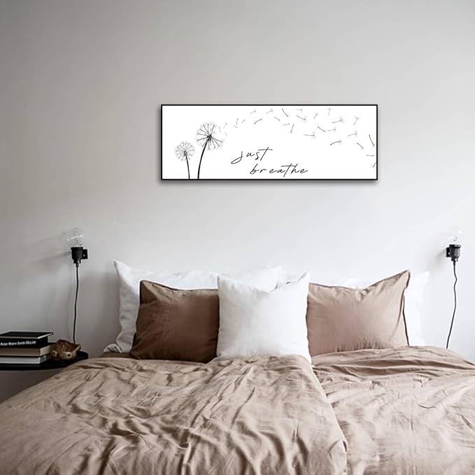 Just Breathe Wall Art - Black and White Pictures for Wall Decor Canvas Art Dandelion Minimalist Wall Art for Bedroom Decor for Women Aesthetic Inhale Exhale Wall Art (Black Wooden Frame) 43x15inch