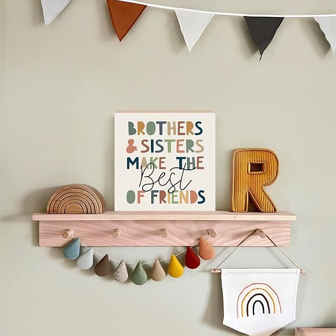 Lacama Kids Room Wooden Box Sign, Brothers and Sisters Make the Best of Friends Decorations Wood Block Signs, Boho Nursery Wood Sign for Kids Room Bedroom Playroom Desk Shelf Wall Decor 5x5 Inches