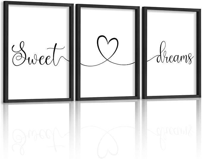 Ronasip Sweet Dreams Wall Decor for Bedroom Set of 3 Framed Wall Art for Farmhouse Rustic Home Master Bedroom Decor (11”x14”, Black)