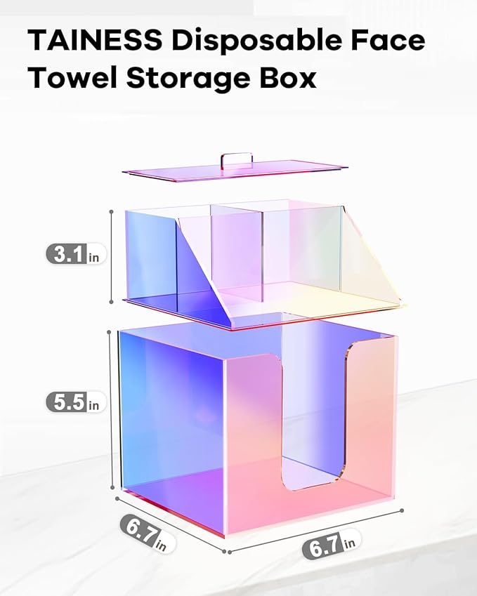 Disposable Facial Towels Storage Box Compatible with Clean Skin Club Clean Towel XL - Cotton Pads - Swabs Upgraded Double Layer Acrylic Storage Container Face Towel Holder (Glossy Rainbow)