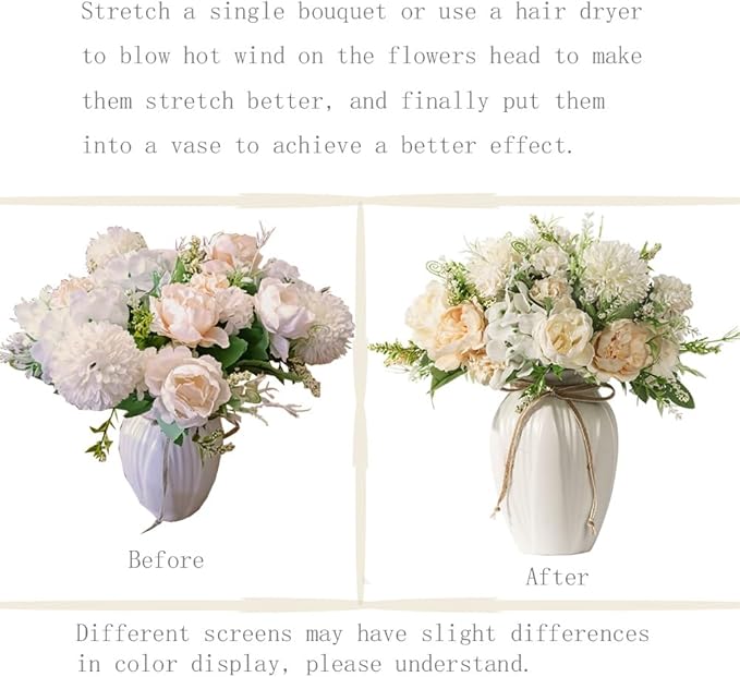 Peonies Artificial Flowers in Vase, Fake Hydrangea Silk Peony Flower Bouquet with Vase Faux Flowers Arrangement Decor Home Table Dining Room (White)