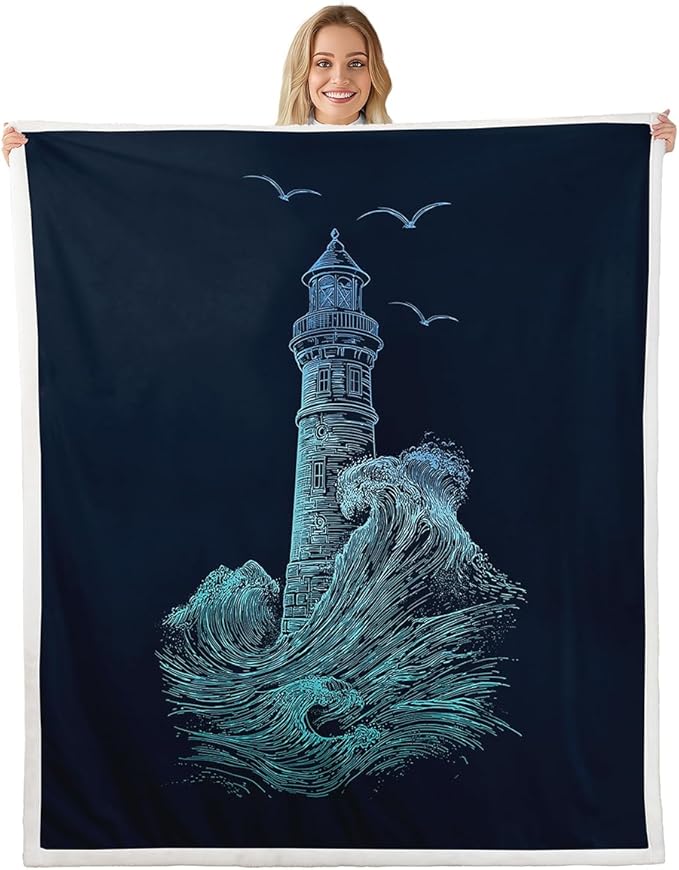 Erosebridal Nautical Lighthouse Fleece Blanket,Sea Wave Splash Spray Flying Birds Ocean Navigation Theme Hand Drawn Sherpa Blankets,Sofa Blanket Throw Lightweight,Queen 90"x90", Blue Black