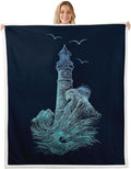 Erosebridal Nautical Lighthouse Fleece Blanket, Sea Wave Splash Spray Flying Birds Ocean Navigation Theme Hand Drawn Sherpa Throw, Decorative Sofa Lightweight, 40"x50", Blue Black
