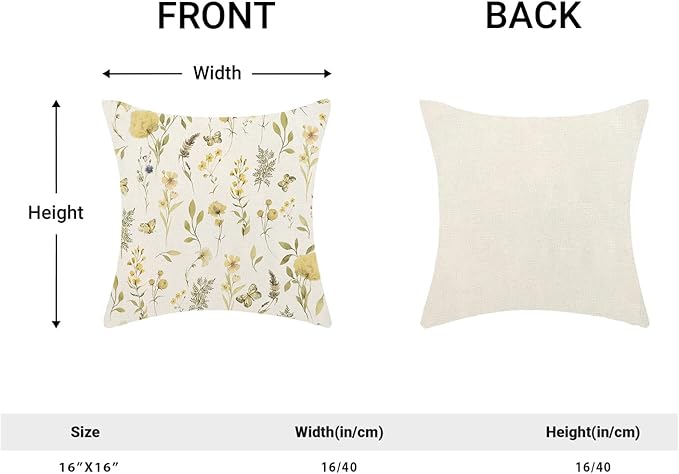 Spring Pillow Covers 16x16 Inch Set of 2, Mustard Yellow Green Wild Flower Throw Pillows Case,Colorful Seasonal Floral Plant Outdoor Decorative Farmhouse Decor Cushion Covers for Sofa Bed Couch