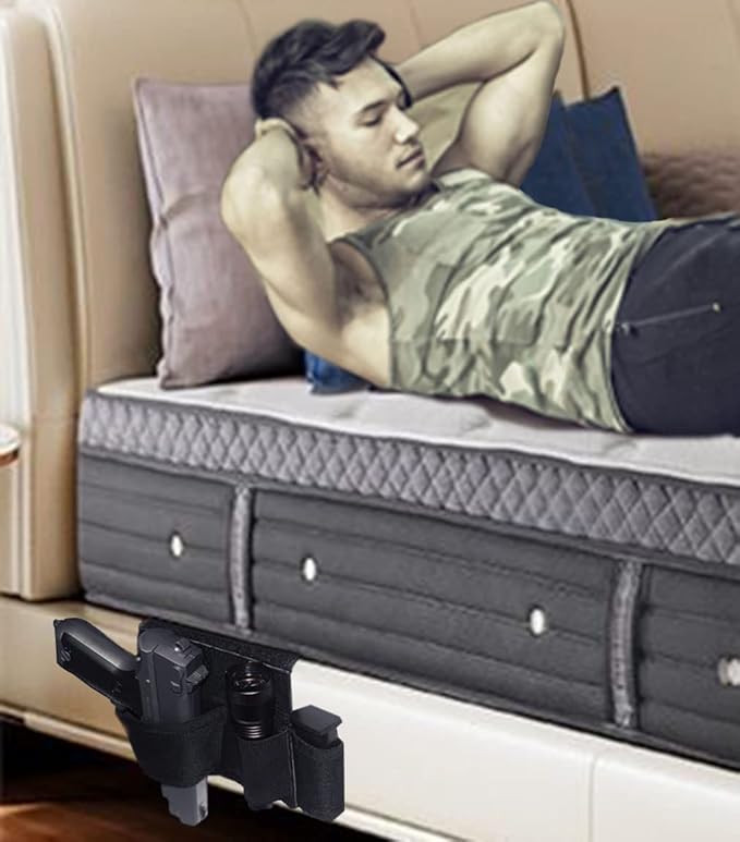 Bedside Pistol Holster, Tactical Bed Side Gun Holster, Under Mattress Handgun Holster with Flashlight Loop Holder
