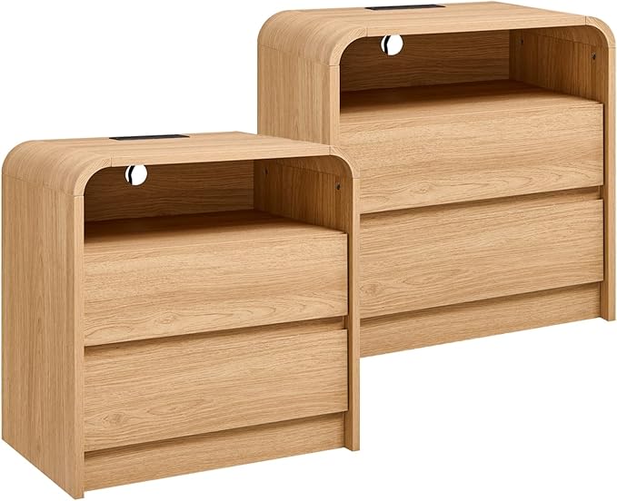 25" Tall Modern Nightstand Set of 2, 23.6'' Wide Wood Bedside Table w/2 Storage Drawers, Charging Station, Mid Century End Table for Bedroom, Living Room,Curved Profile Design, Natural Oak | Modern, Set of 2, Bedside Table, 2 Storage Drawers, Charging ...