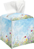 Flowers Tissue Box Cover, Blue Tissue Holder Square with Bottom Belt for Home Bathroom Office Vanity Countertop, Housewarming Gifts Ideas for Women Friends Mom Bestie -09