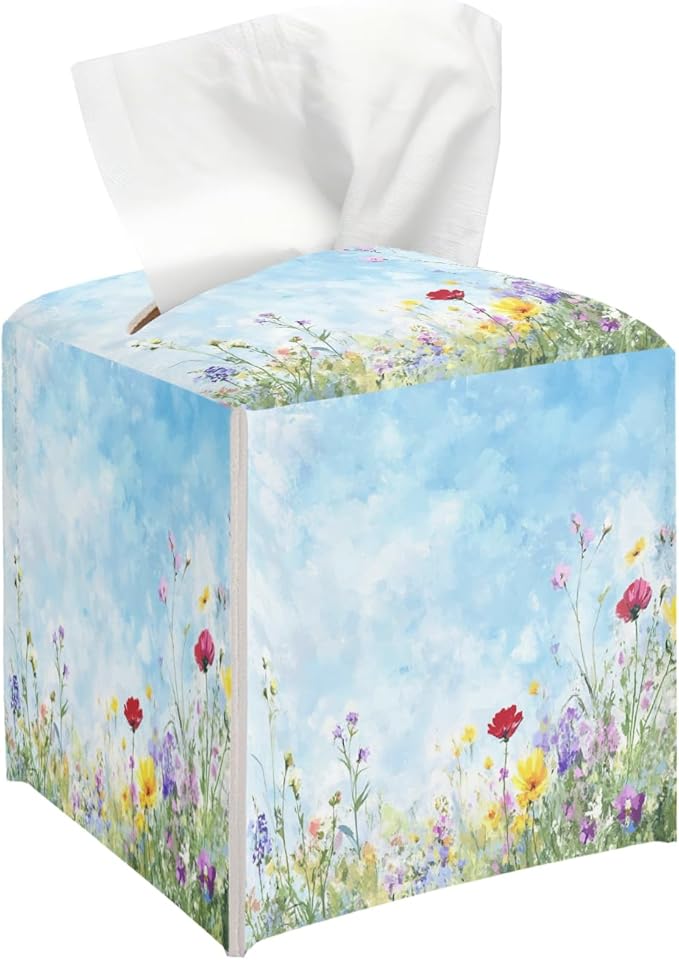 Flowers Tissue Box Cover, Blue Tissue Holder Square with Bottom Belt for Home Bathroom Office Vanity Countertop, Housewarming Gifts Ideas for Women Friends Mom Bestie -09