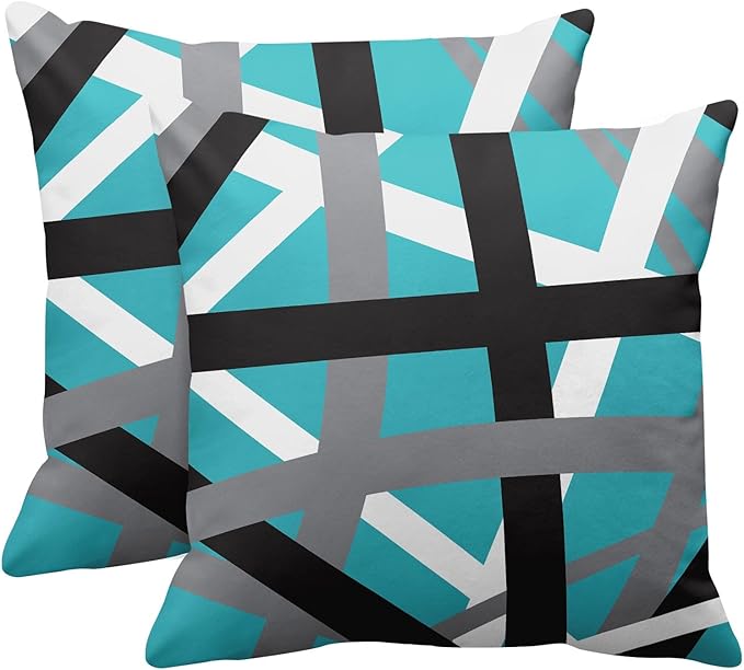 Emvency Set of 2 Throw Pillow Cover Turquoise Black Stripes Grey White Design Retro Teal Decorative Pillow Case Striped Home Decor Square 20x20 Inch Cushion Pillowcase