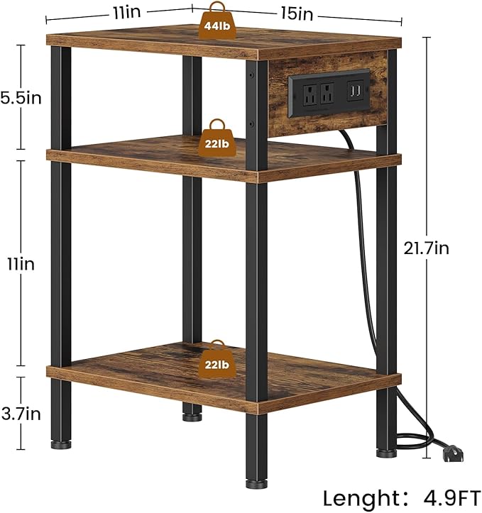 Side Table with Charging Station, End Tables Living Room, 21.7 Inch Skinny Night Stand with Storage, Small Bedside Tables for Bedroom, Office, Dorm, Hallway, Rustic Brown