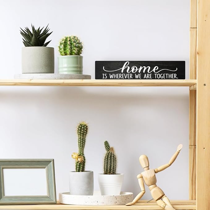 AGMDESIGN Home Is Wherever We Are Together Wood Sign, Rustic Family Reunion Decor, Wall Home Decor for Shelf Desk Door, Farmhouse Bedroom Wood Hanging Plaque, Great Gifts for Newlyweds Families