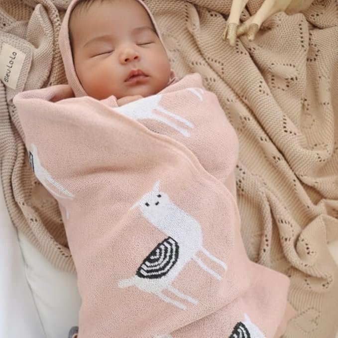 Knit Swaddling Baby Blanket - 100% Fine Loomed Cotton Cozy Receiving Cuddle Stroller Crib Swaddling Stroller Swaddle Quilt Blanket for Newborns Infants Toddler Boys and Girls (Llama - Pink)