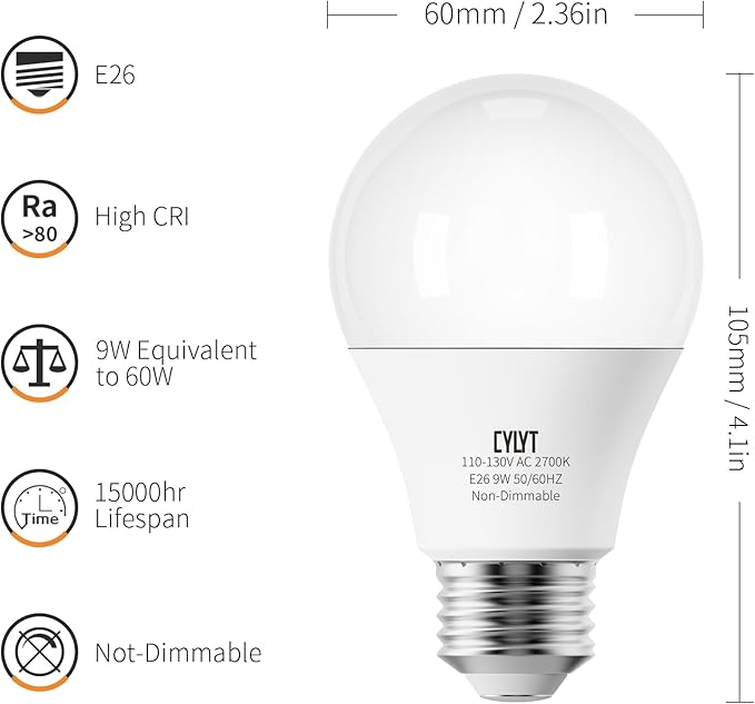 Light Bulbs 60 Watt Equivalent Solt White 2700K, E26 A19 LED Light Bulb 9W 800 Lumen, Focos LED para Casa, 120V 60HZ Lightbulbs for Indoor Outdoor, Non-Dimmable, 4-Pack