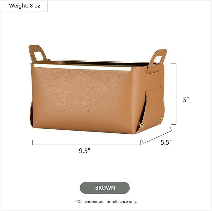 Decorative Faux Leather Basket,Small Catchall Basket for Entryway Bedside Dresser End table,Foldable Rectangle Tray Organizer Box (Brown)