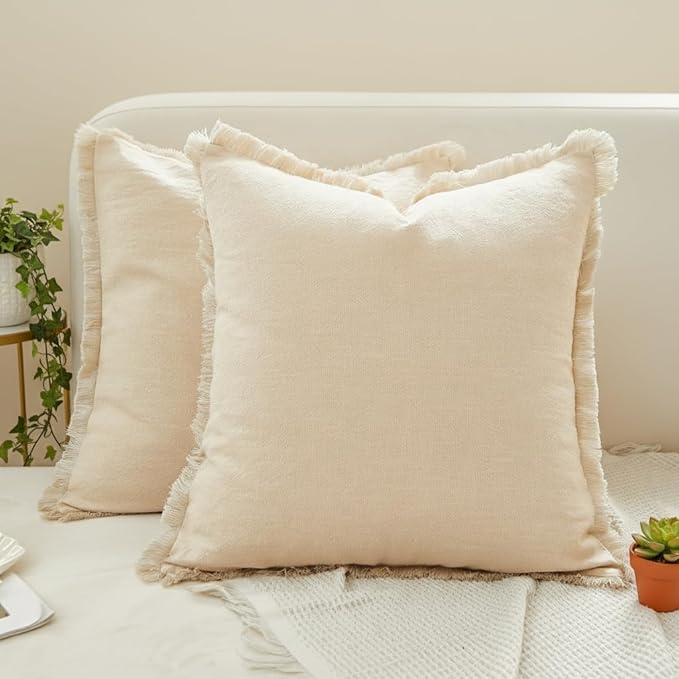 Sunday Praise Set of 2 Linen Fringe Decorative Pillow Covers 20x20 Inch Farmhouse Accent Boho Throw Pillow Cases with Tassels Cozy Soft Square Cushion Covers for Couch Sofa Bed Home Decor,Beige