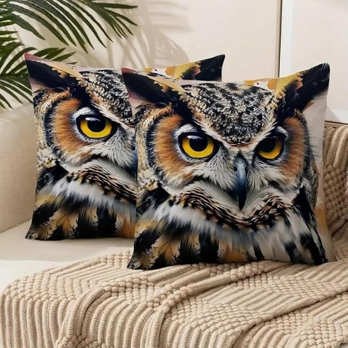 2pcs Decorative Throw Pillow Cover with Realistic Great Horned Owl Print, Nature Wildlife Theme Home Decor Cushion Case，18x18 Pillows Linen Pillowcase