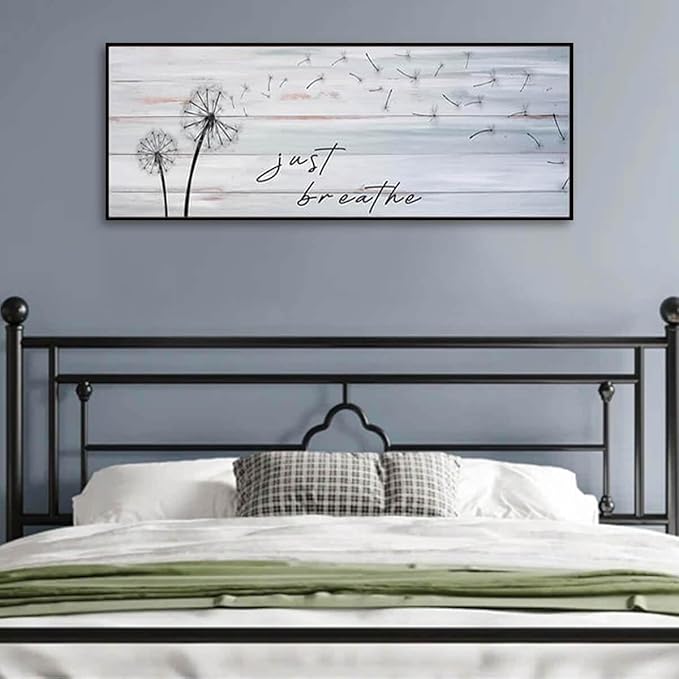Modern Farmhouse Wall Decor - Just Breathe Dandelion Canvas Prints Wall Art Above Bed Wall Decor Bedroom Decor Wall Farmhouse Decor Vintage Decor Bedroom Bathroom Office(Black Wooden Frame) 46x19inch