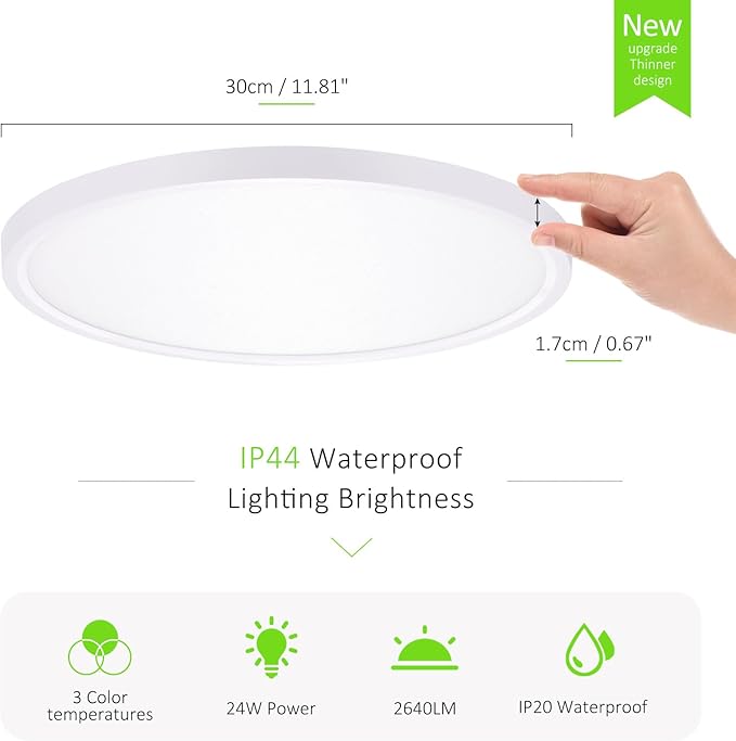 1 Pack LED Flush Mount Ceiling Light, 24W Ultra Thin Round White Lamp 3000K/4000K/6500K 3 Color Temperatures Adjusted Modern Ceiling Lights, Wired
