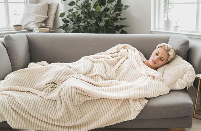 Richave Cuddly Blanket Queen Size,Premium Lightweight Anti-Static Fluffy Fleece Blanket with Striped Pattern for Queen Full Bed, 90x90 Inches,Cream
