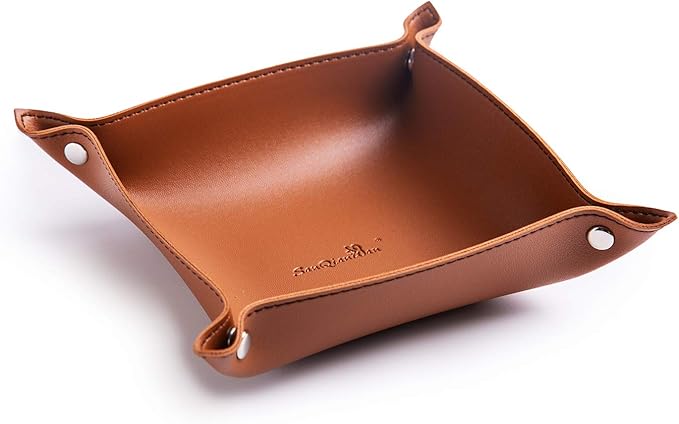 SANQIANWAN PU Leather Jewelry Valet Tray for Women and Men, Portable Entryway Table and Bedside Nightstand Desk Catchall Travel Dish Plate for Key, Wallet, Watch, Coin (Brown-B)