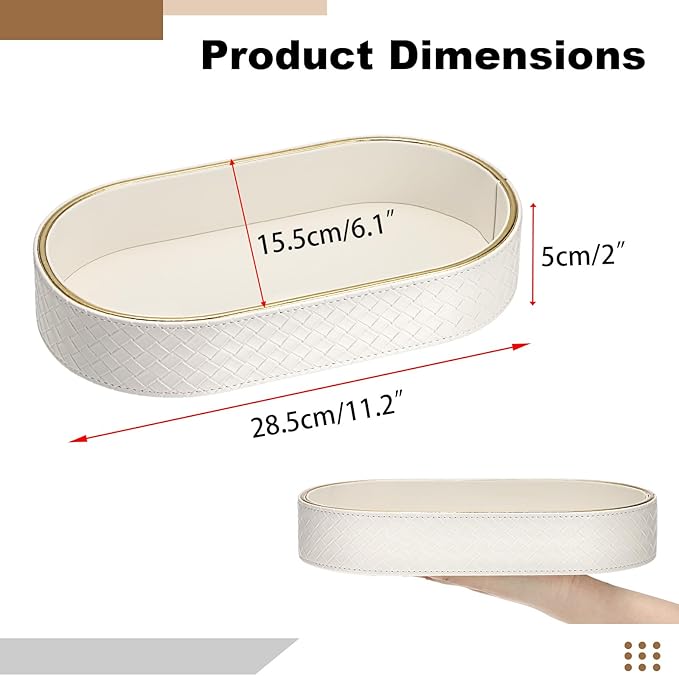 Hipiwe PU Leather Valet Tray with Gold Line Perfume Vanity Tray Catchall Tray for Jewelry Trinket Oval Bedside Nightstand Organizer for Home Decor, White
