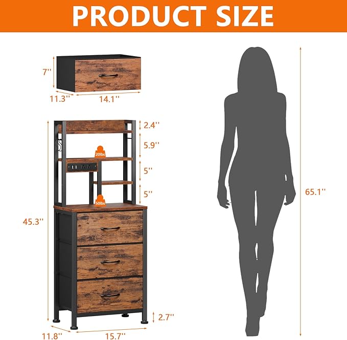 Furnulem Tall Night Stand with LED & USB Ports, 45.3inch Nightstand with Open Bookshelf, Bedside Table with 3 Fabric Drawers for Bedroom/Dorm/Office, Rustic Brown Wood-Metal Frame