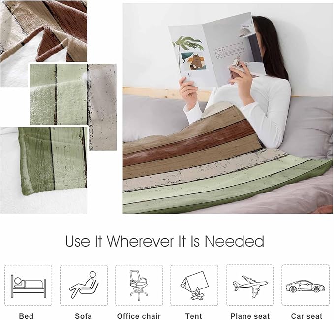 Farmhouse Sage Green Brown Throw Blanket, Soft Fluffy Fuzzy Blankets & Throws for Bed/Couch, Vintage Country Wooden Lightweight Warm Blankets for Women Christmas Decor 50"x60"