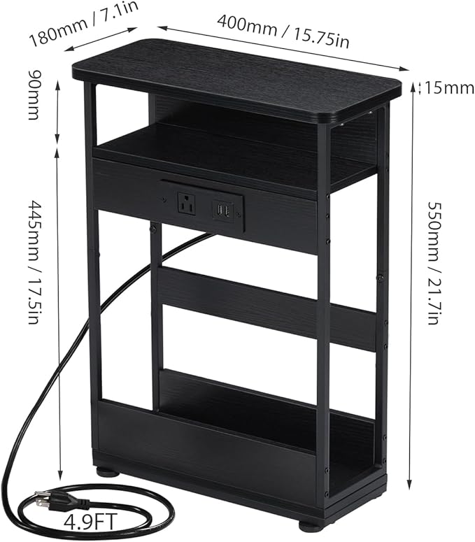 Narrow Side Table with Charging Station, 3-Tier End Table with 2 USB Ports & Power Outlets,Thin Sofa Side Table for Narrow and Small Spaces, Bedside Table Nightstand for Living Room,Black