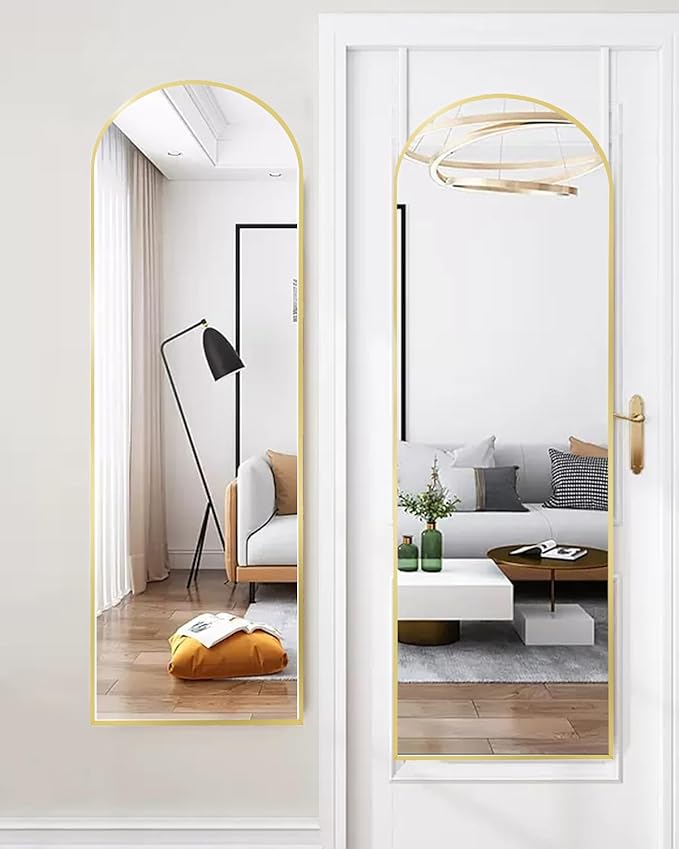 DOOR-16"x50" Arched Full Length Mirror - Free Standing, Leaning & Hanging Mounted - Aluminum Frame Modern Simple Home Decor for Living Room, Bedroom & Cloakroom, Gold