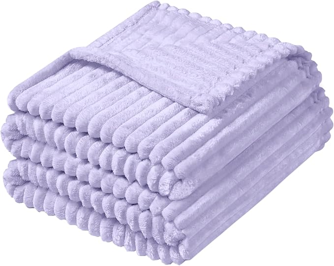 Vessia Flannel Fleece Throw Blanket for Couch,Sofa,Bed, 300GSM Striped Light Purple Blanket for Adults, Super Soft Warm Cozy Lightweight Ribbed Lilac Throw for All-Season(Lavender,50x70inch)
