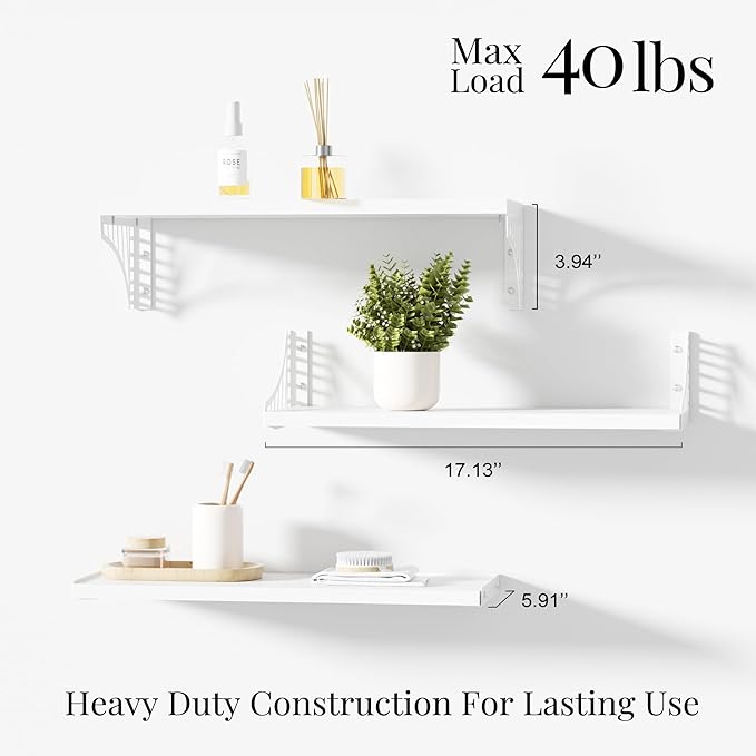 SRIWATANA Floating Shelves for Wall Decor, Bridge Design Wood Wall Shelves for Bedroom, Bathroom, Living Room & Kitchen, Set of 3 (White)