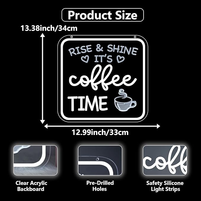 Farmhouse Coffee Bar Sign,Rise & Shine It's Coffee Time Neon Signs for Cafés Coffee Bar Accessories Home Kitchen Led Sign Wall Decor