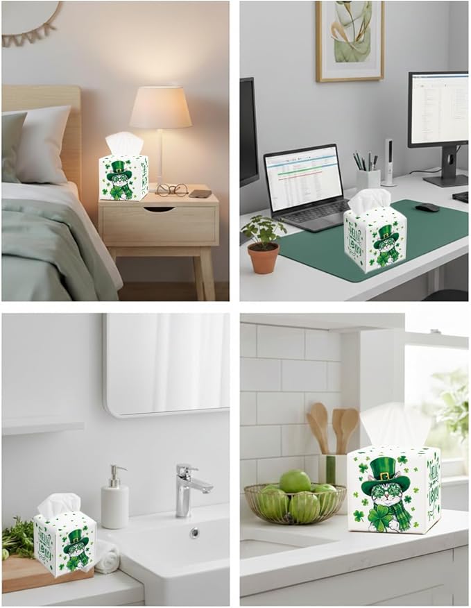 St.Patrick's Day Napkin Tissue Box Cover, Cat Shamrock Waterproof Leather Paper Organizer Dispenser for Table Dining, Bathroom, Nightstand Vanity, Car, Housewarming Gift Ideas, A