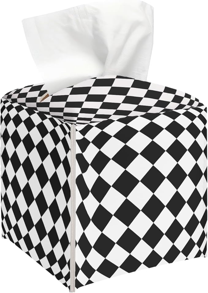 Black and White Checkerboard Tissue Box Cover, Modern Tissue Holder Square with Bottom Belt for Home Bathroom Office Car Nightstand Vanity Desk, Housewarming Gifts Ideas for Women Friends Mom -18