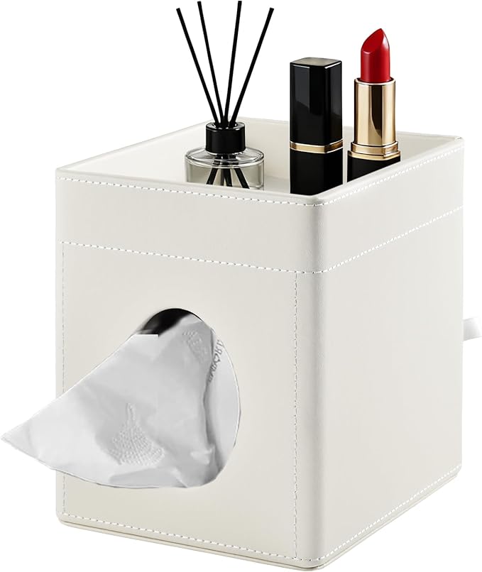 Tissue Box Cover with Storage Tray Square Tissue Box Holder PU Leather Facial Tissues Organizer Tray for Bathroom Vanity Bedroom Office Car,Stylish Napkin Caddy Decorative Organizer,Cream White