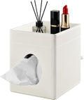 Tissue Box Cover with Storage Tray Square Tissue Box Holder PU Leather Facial Tissues Organizer Tray for Bathroom Vanity Bedroom Office Car,Stylish Napkin Caddy Decorative Organizer,Cream White