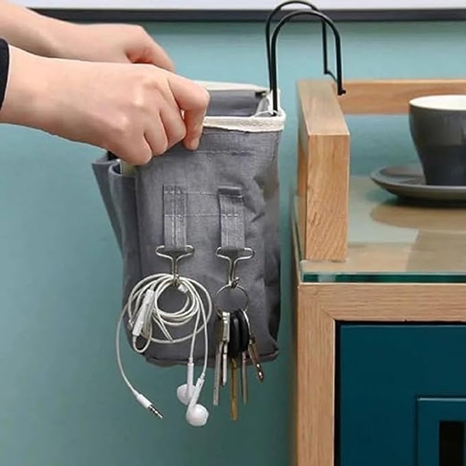 Premium Linen Hanging Bedside Caddy Organizer – Multi-Pocket Bedside Storage for Bedroom, Dorm & Hostel | Bedside Hanging Basket for Books, Remote, Mobile, Glasses & Essentials(HANGGING BAG)