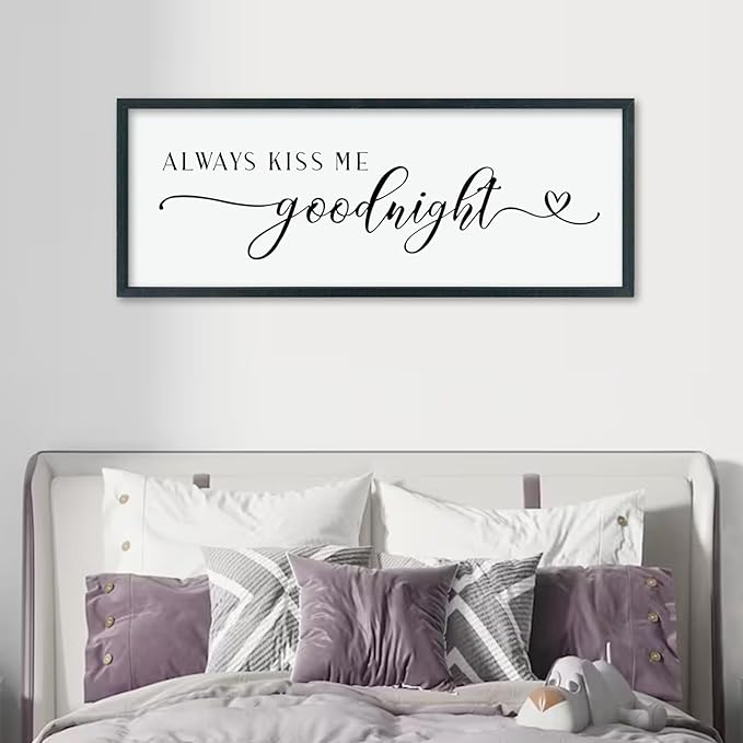 comurdyo Romantic Couple Always Kiss Me Goodnight Sign 40"×15" for Large Modern Rustic Love Theme Master Bedroom Above bed Wood Frame Horizontal Hanging Wall Art Decor (Black)